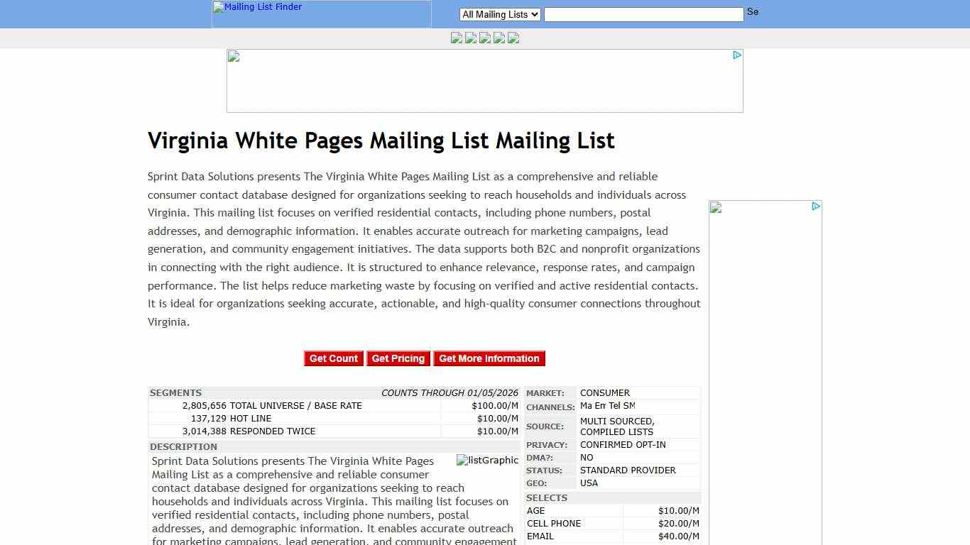 Virginia White Pages Mailing List Mailing List