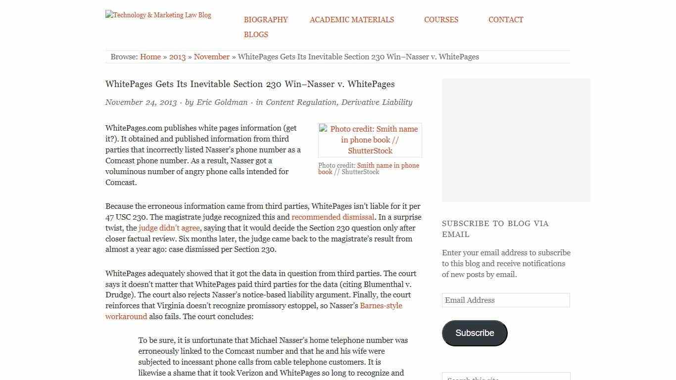 WhitePages Gets Its Inevitable Section 230 Win-Nasser v. WhitePages - Technology & Marketing Law Blog